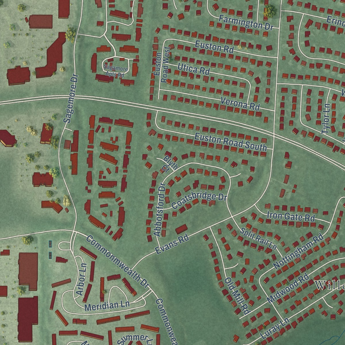 Second close-up of the map of Kresson, New Jersey print showing more streets and buildings