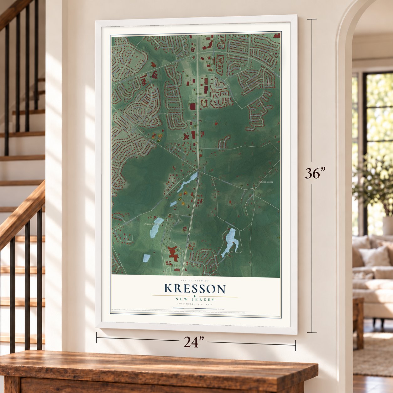 Kresson, New Jersey map, 24 x 36 inch print in a white frame by a staircase