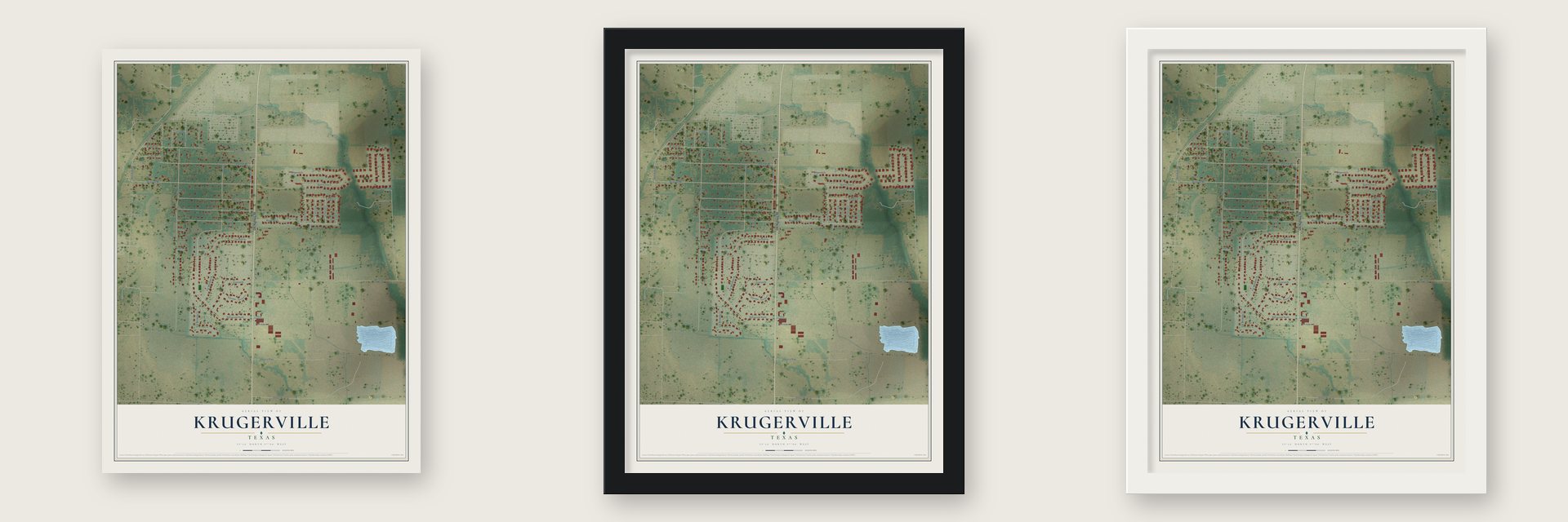 Krugerville, Texas map unframed, in a black wood frame and in a white wood frame