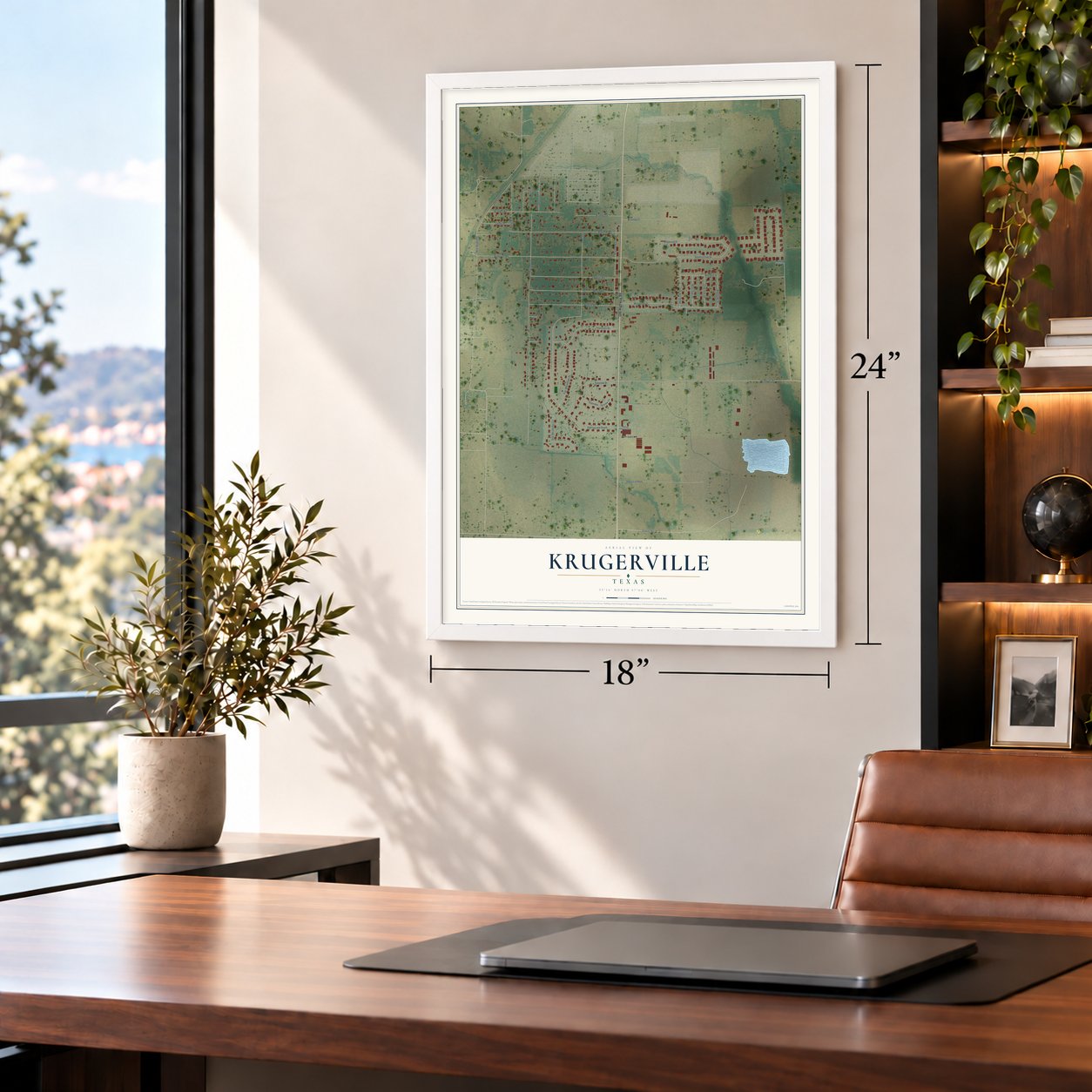 Krugerville, Texas map, 18 x 24 inch print in a white frame in a home office