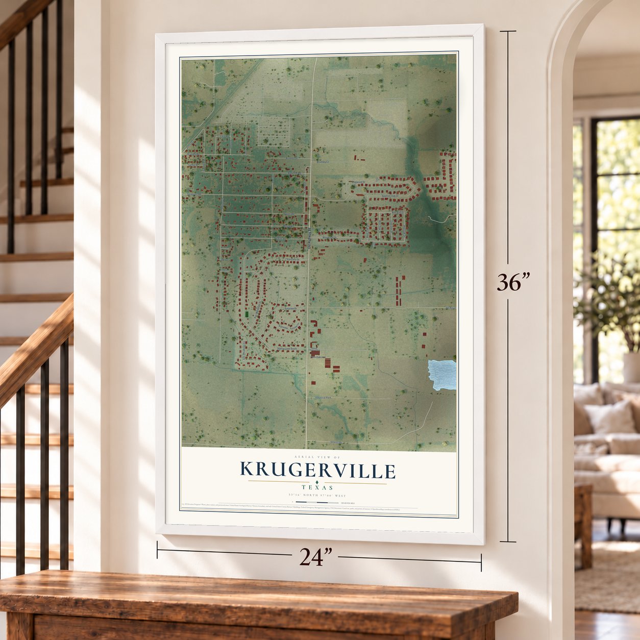 Krugerville, Texas map, 24 x 36 inch print in a white frame by a staircase