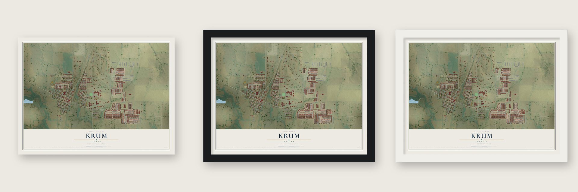 Krum, Texas map unframed, in a black wood frame and in a white wood frame