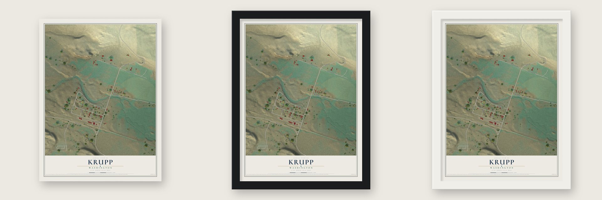 Krupp, Washington map unframed, in a black wood frame and in a white wood frame