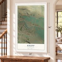 Krupp, Washington map, 24 x 36 inch print in a white frame by a staircase