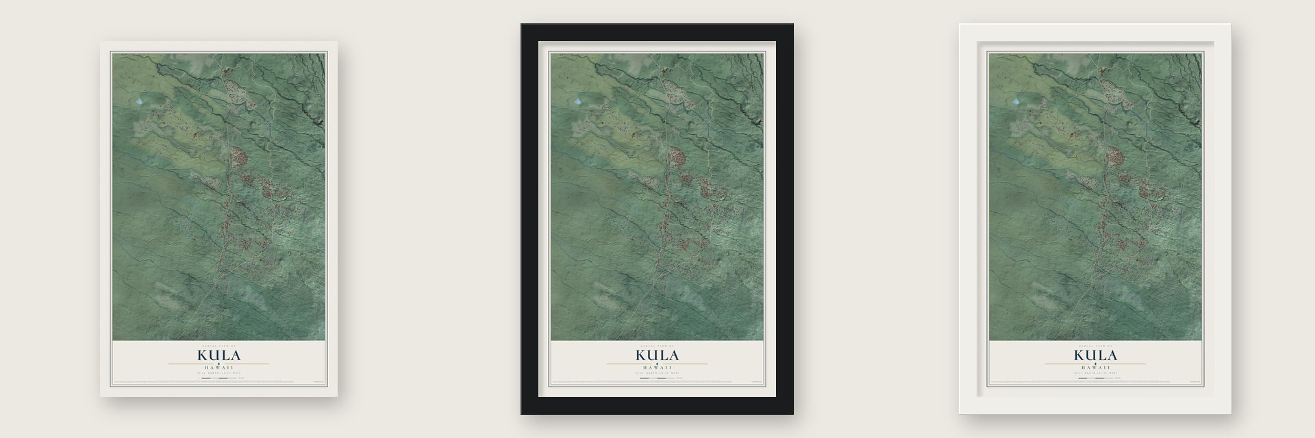 Kula, Hawaii map unframed, in a black wood frame and in a white wood frame