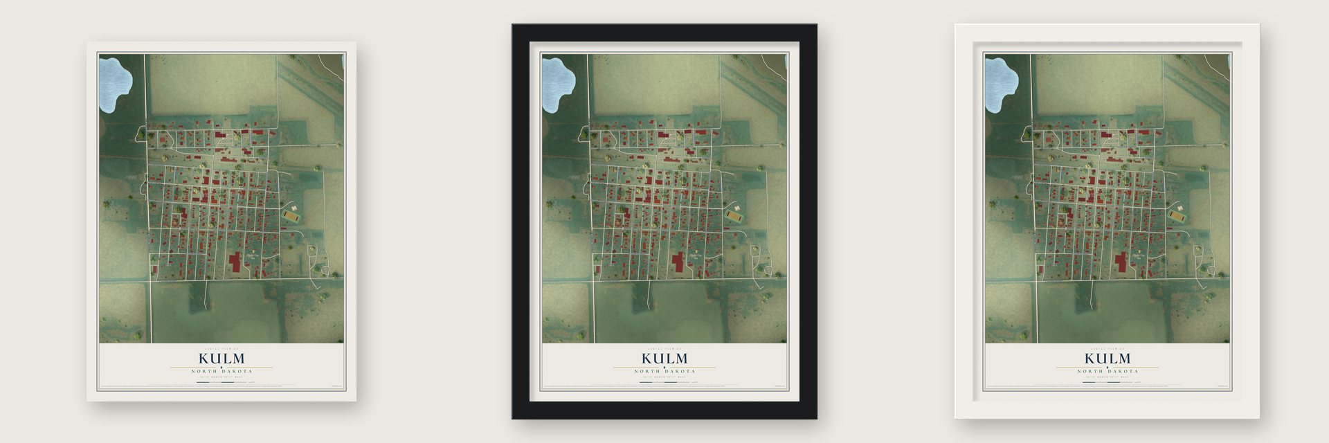 Kulm, North Dakota map unframed, in a black wood frame and in a white wood frame