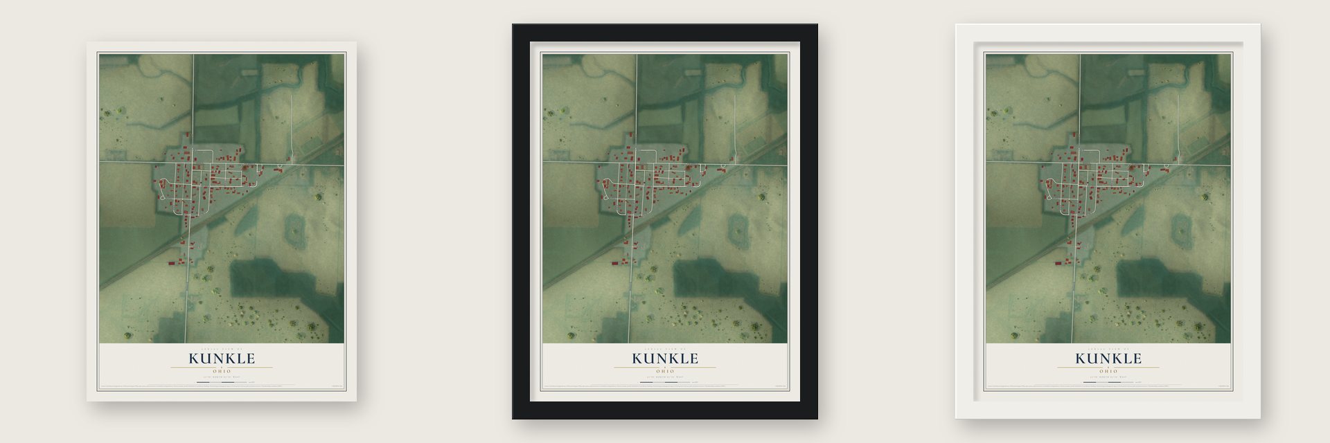 Kunkle, Ohio map unframed, in a black wood frame and in a white wood frame