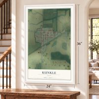 Kunkle, Ohio map, 24 x 36 inch print in a white frame by a staircase