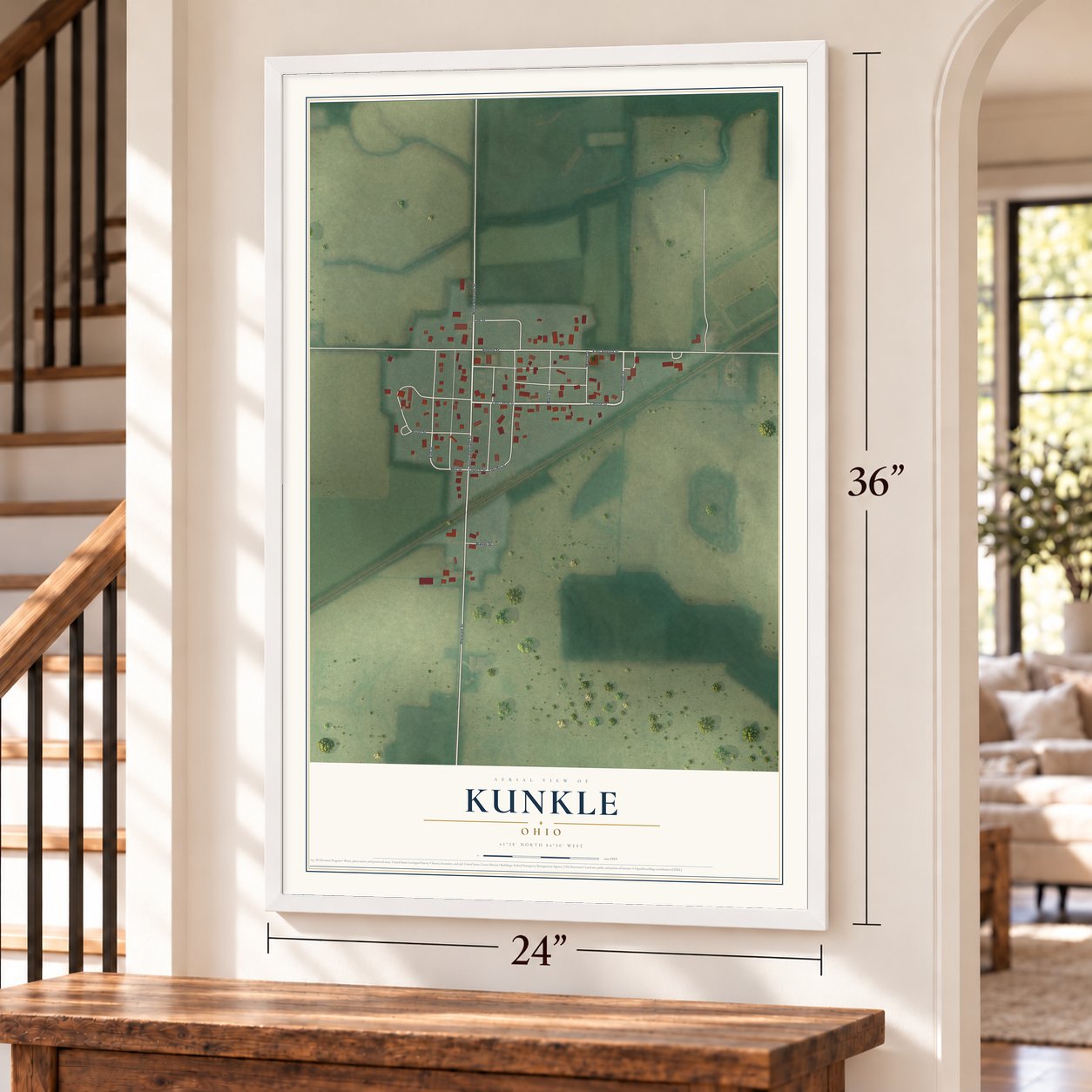 Kunkle, Ohio map, 24 x 36 inch print in a white frame by a staircase