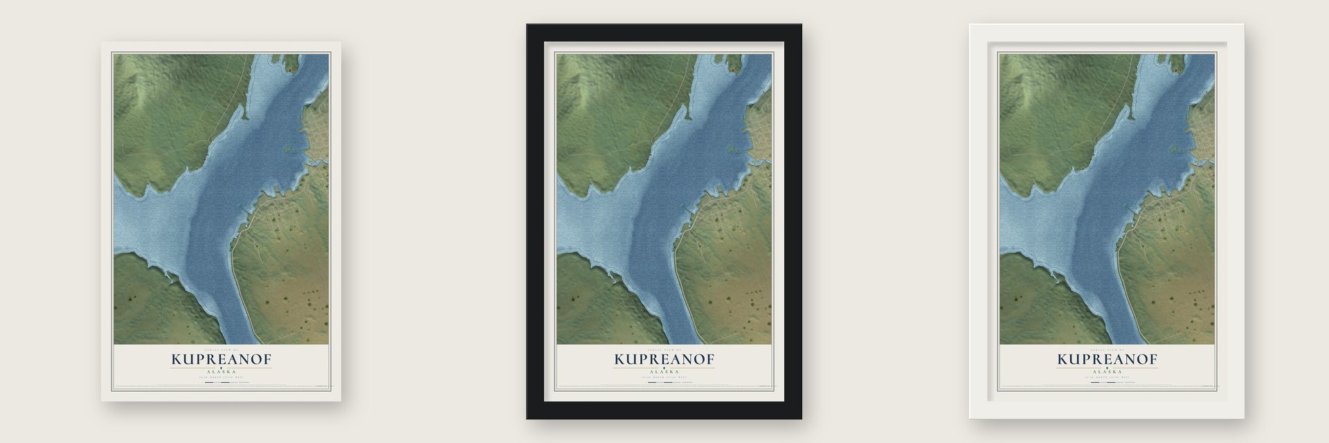 Kupreanof, Alaska map unframed, in a black wood frame and in a white wood frame