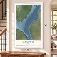 Kupreanof, Alaska map, 24 x 36 inch print in a white frame by a staircase