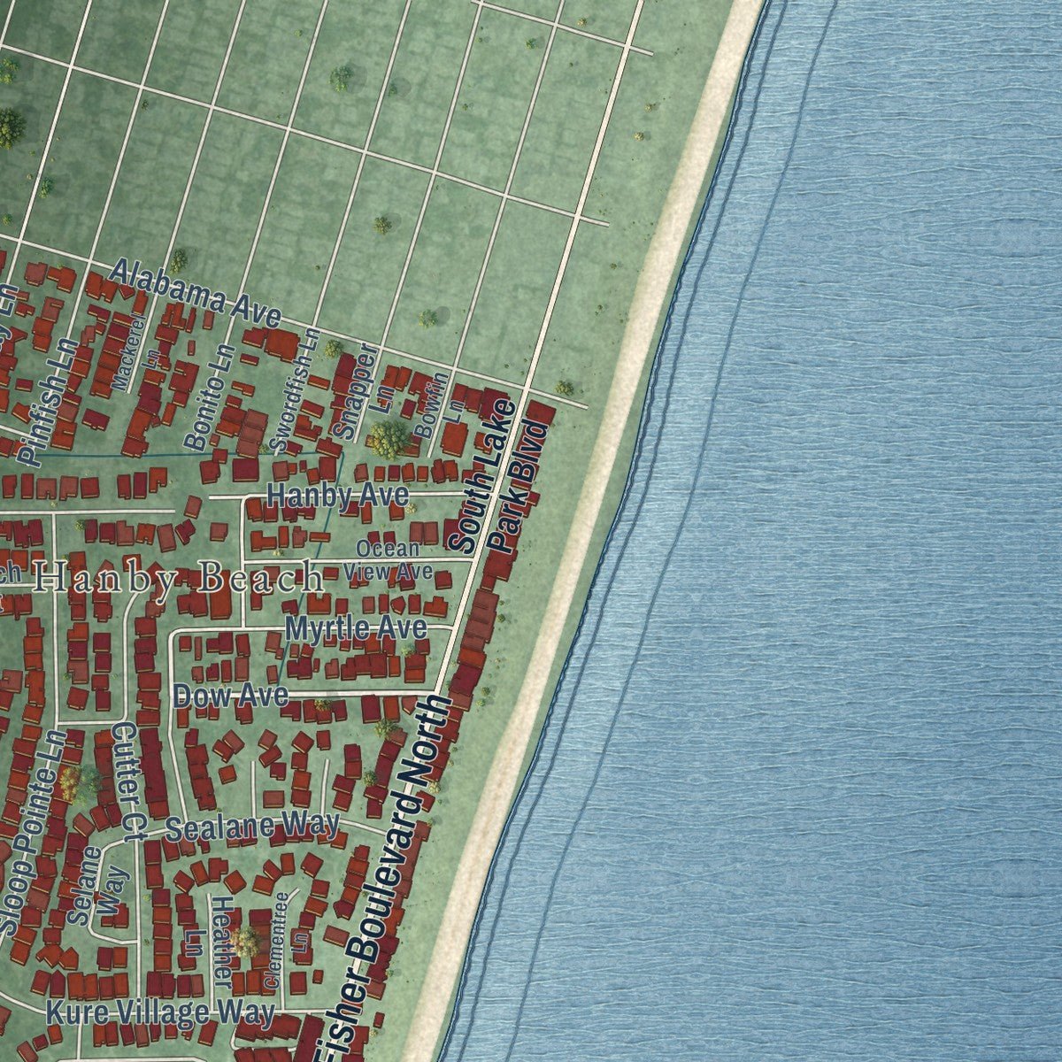 Second close-up of the map of Kure Beach, North Carolina print showing more streets and buildings