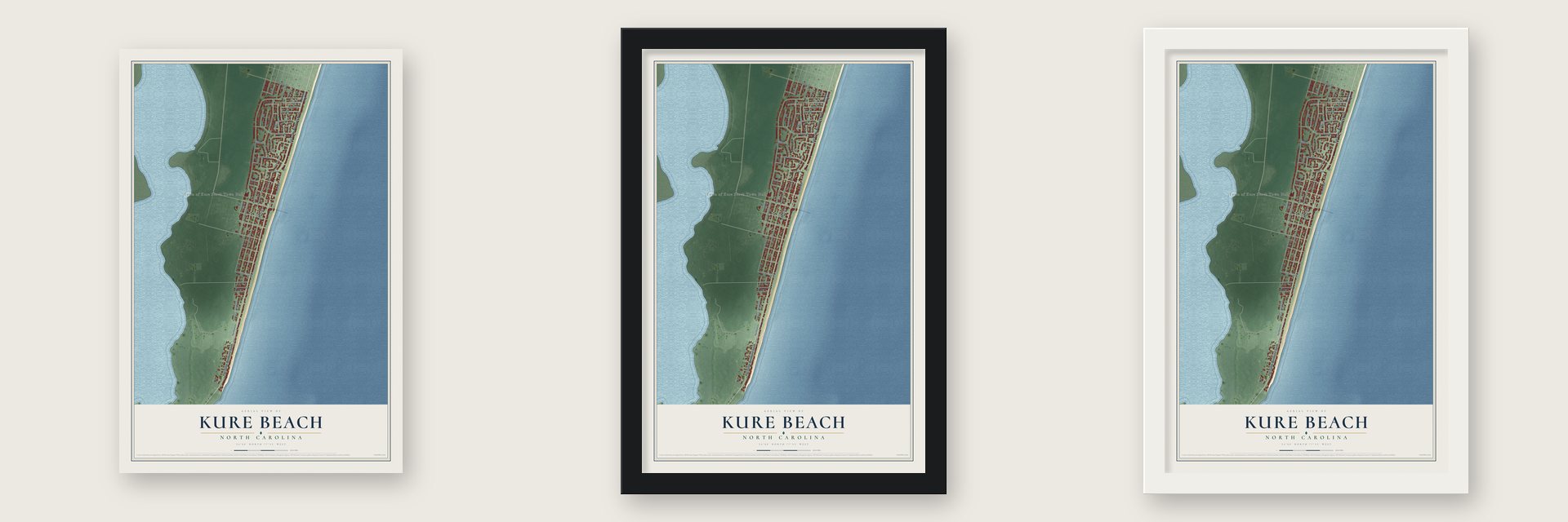 Kure Beach, North Carolina map unframed, in a black wood frame and in a white wood frame