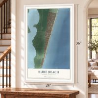 Kure Beach, North Carolina map, 24 x 36 inch print in a white frame by a staircase