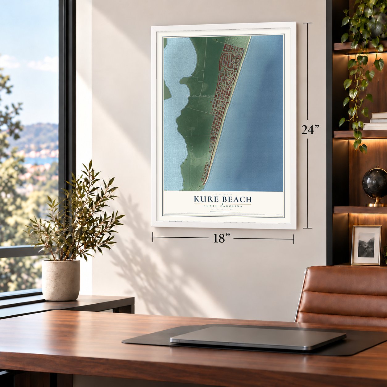 Kure Beach, North Carolina map, 18 x 24 inch print in a white frame in a home office