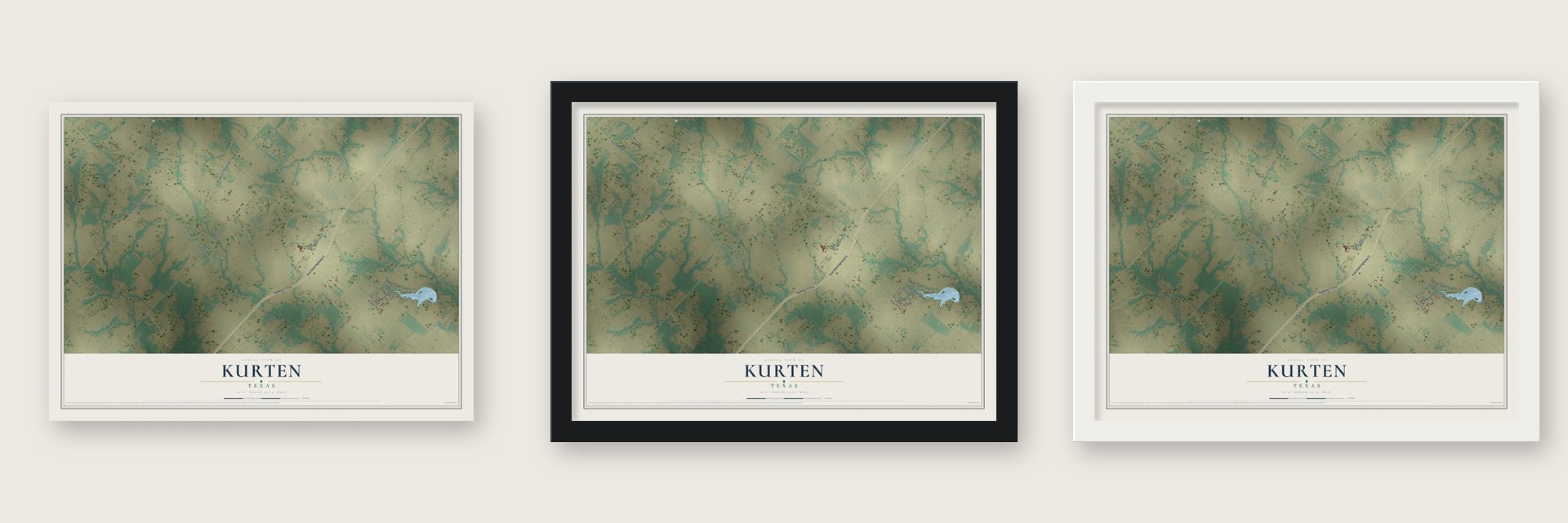 Kurten, Texas map unframed, in a black wood frame and in a white wood frame