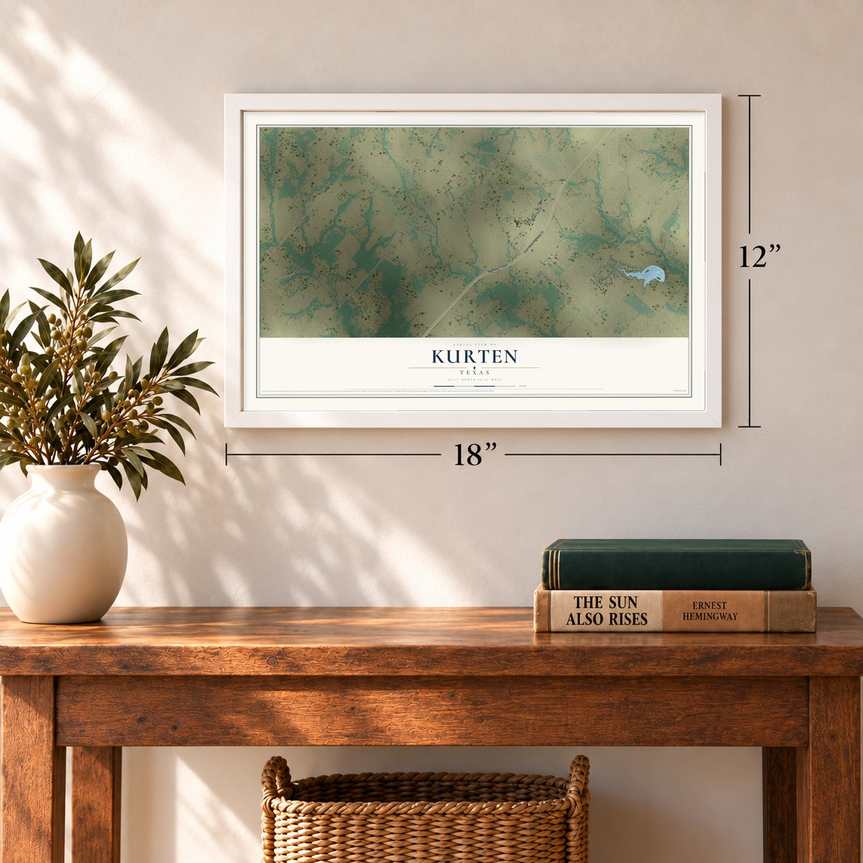 Kurten, Texas map, 12 x 18 inch print in a white frame in an entryway