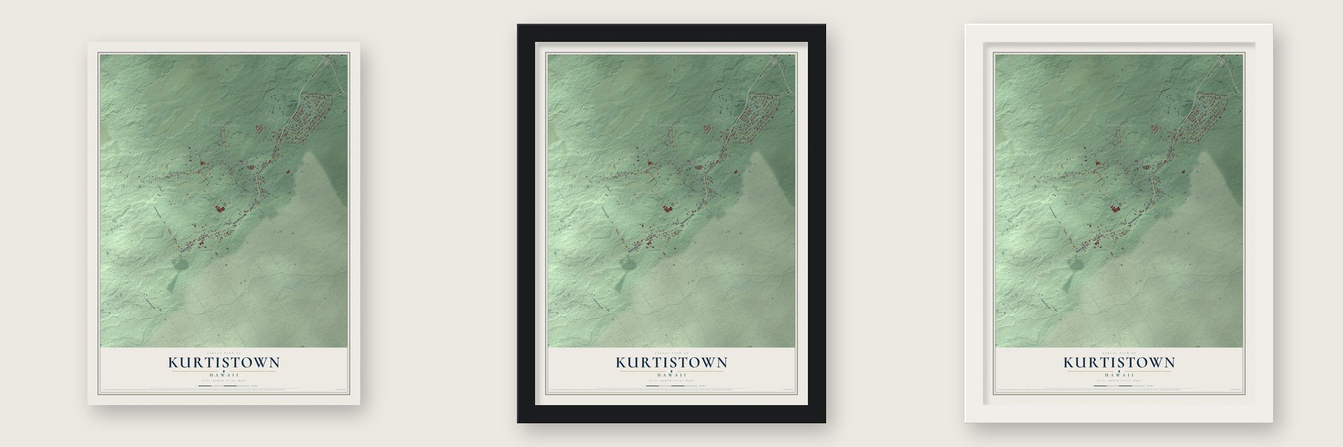 Kurtistown, Hawaii map unframed, in a black wood frame and in a white wood frame