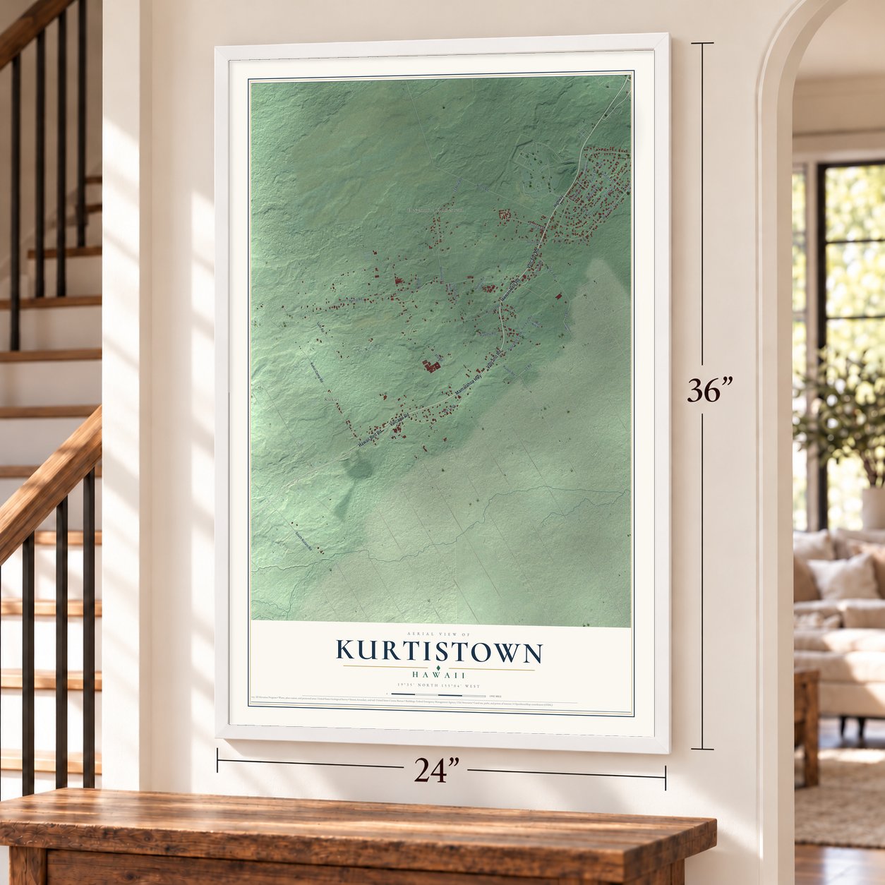 Kurtistown, Hawaii map, 24 x 36 inch print in a white frame by a staircase