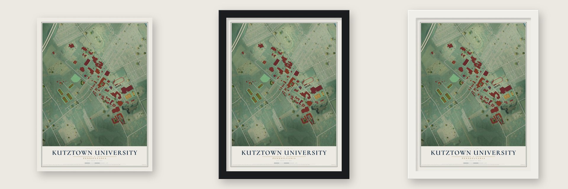 Kutztown University, Pennsylvania map unframed, in a black wood frame and in a white wood frame