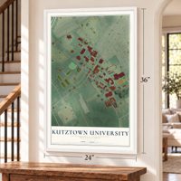 Kutztown University, Pennsylvania map, 24 x 36 inch print in a white frame by a staircase