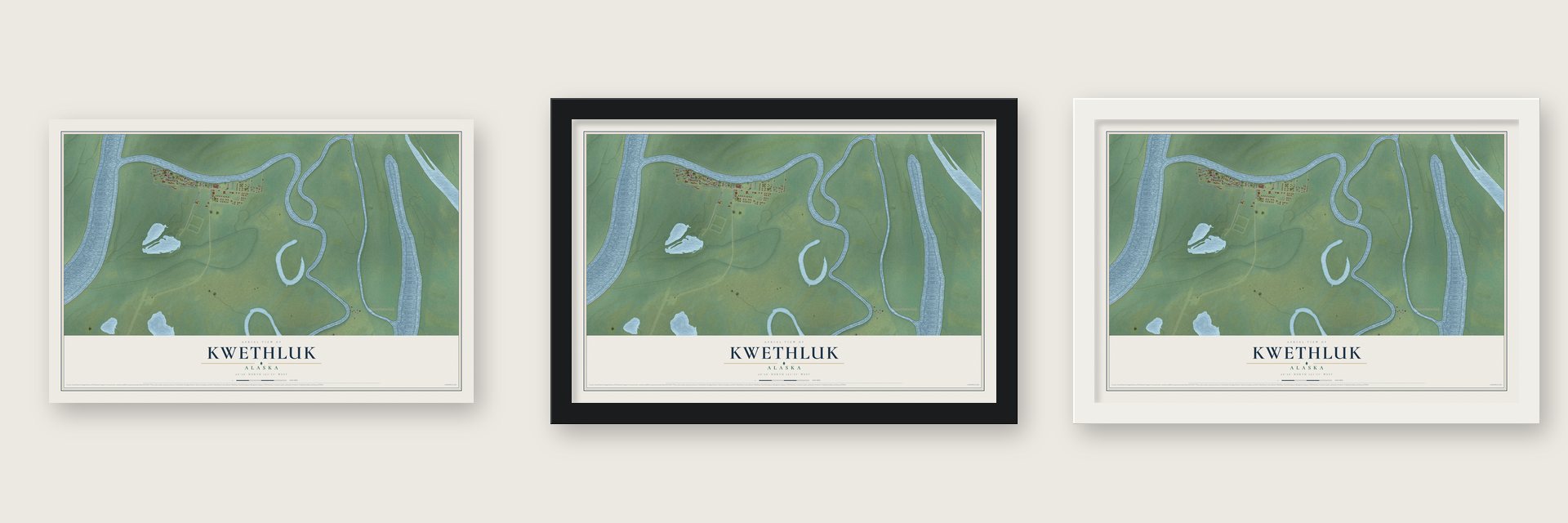 Kwethluk, Alaska map unframed, in a black wood frame and in a white wood frame