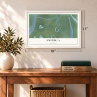 Kwethluk, Alaska map, 12 x 18 inch print in a white frame in an entryway
