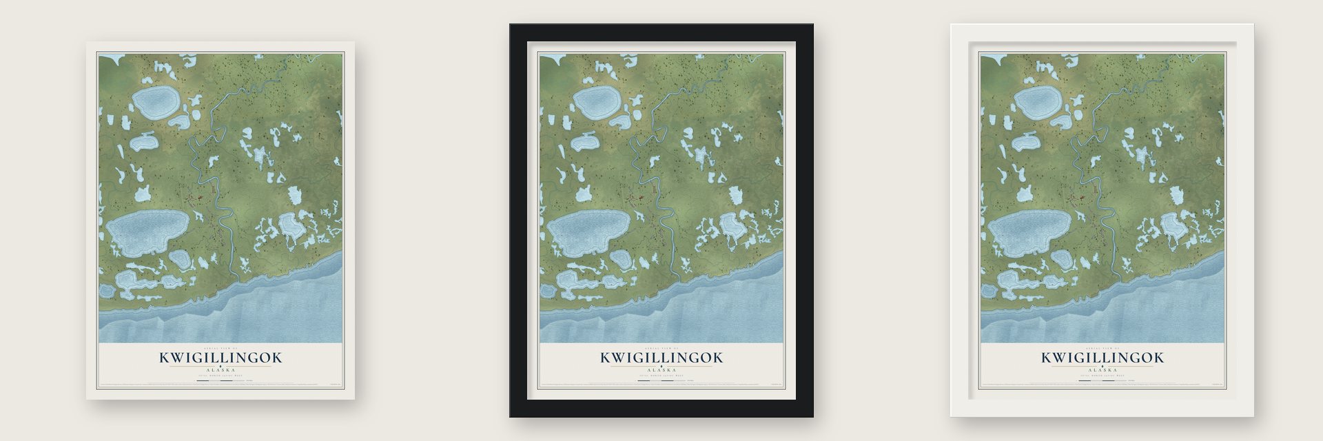 Kwigillingok, Alaska map unframed, in a black wood frame and in a white wood frame