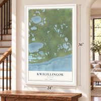 Kwigillingok, Alaska map, 24 x 36 inch print in a white frame by a staircase