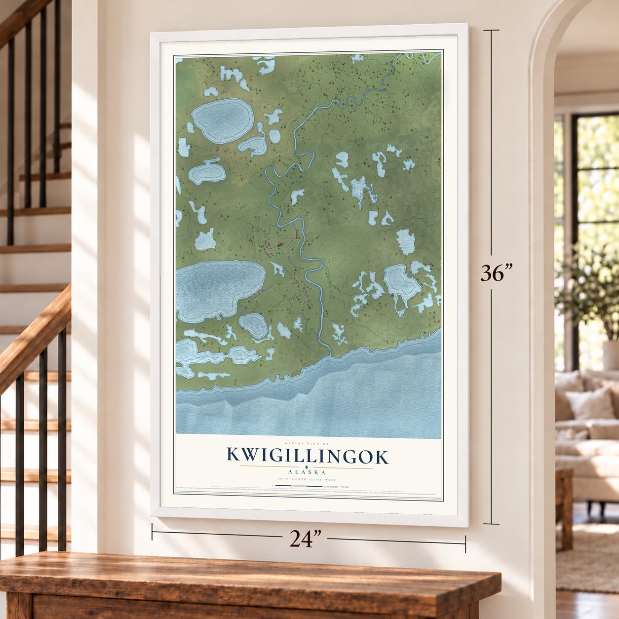 Kwigillingok, Alaska map, 24 x 36 inch print in a white frame by a staircase