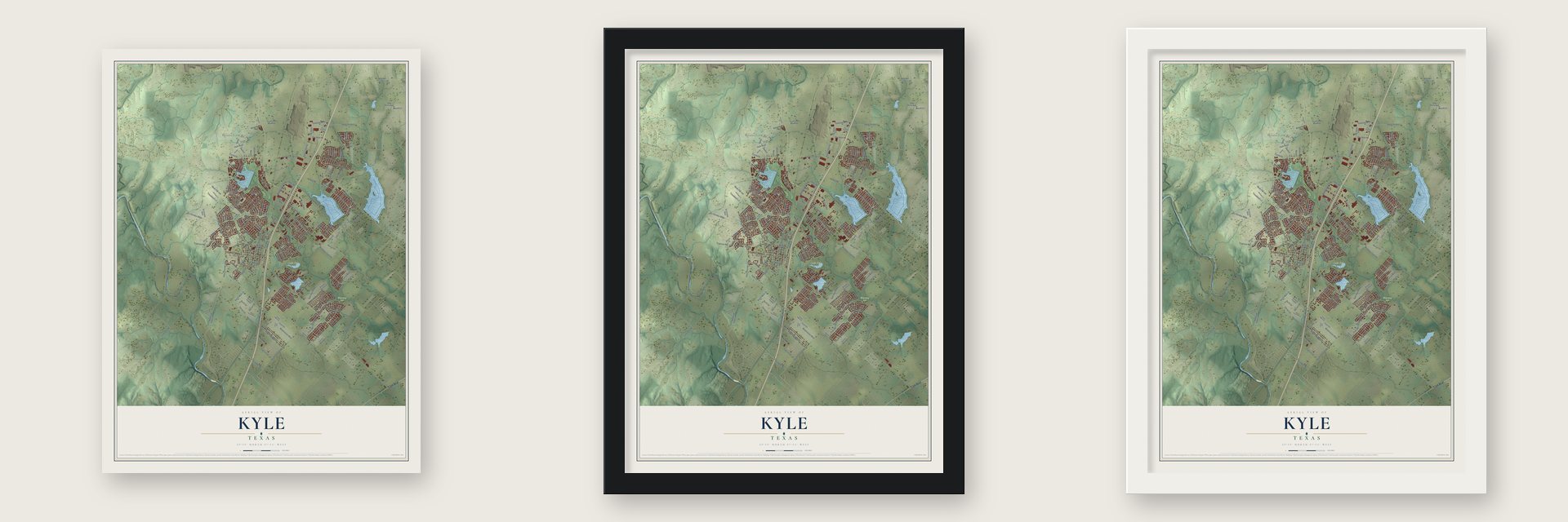 Kyle, Texas map unframed, in a black wood frame and in a white wood frame