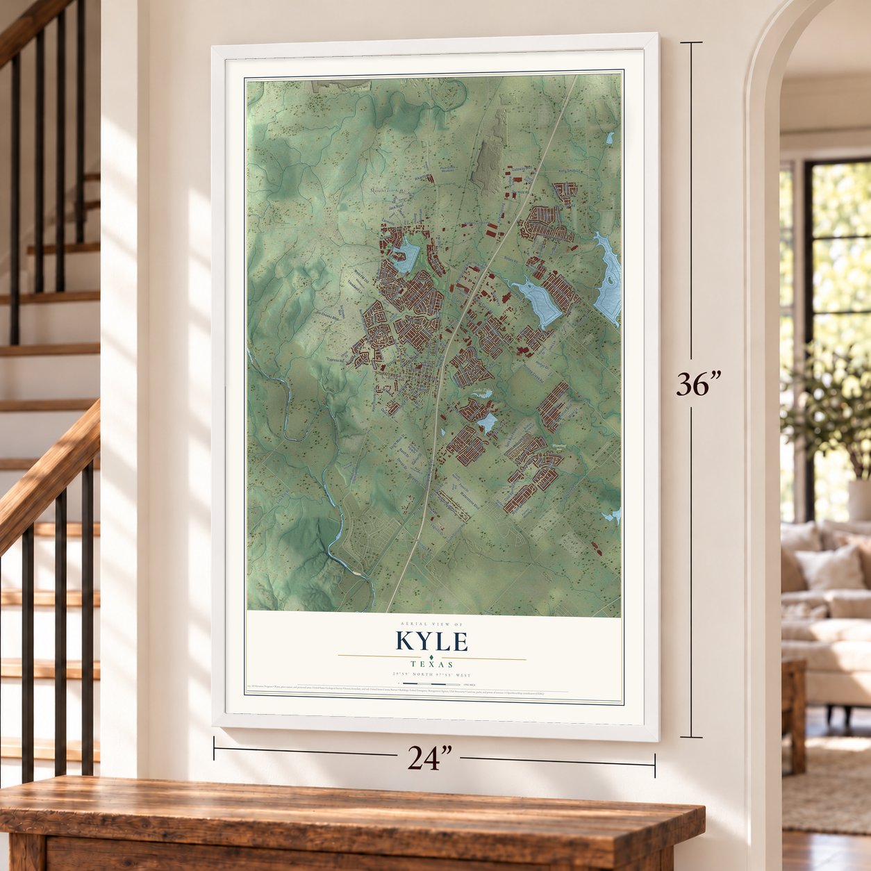 Kyle, Texas map, 24 x 36 inch print in a white frame by a staircase