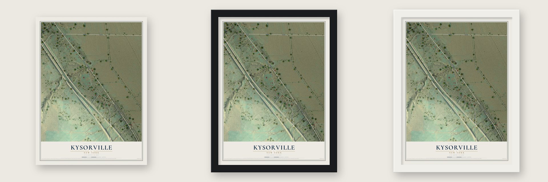 Kysorville, New York map unframed, in a black wood frame and in a white wood frame