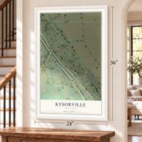 Kysorville, New York map, 24 x 36 inch print in a white frame by a staircase