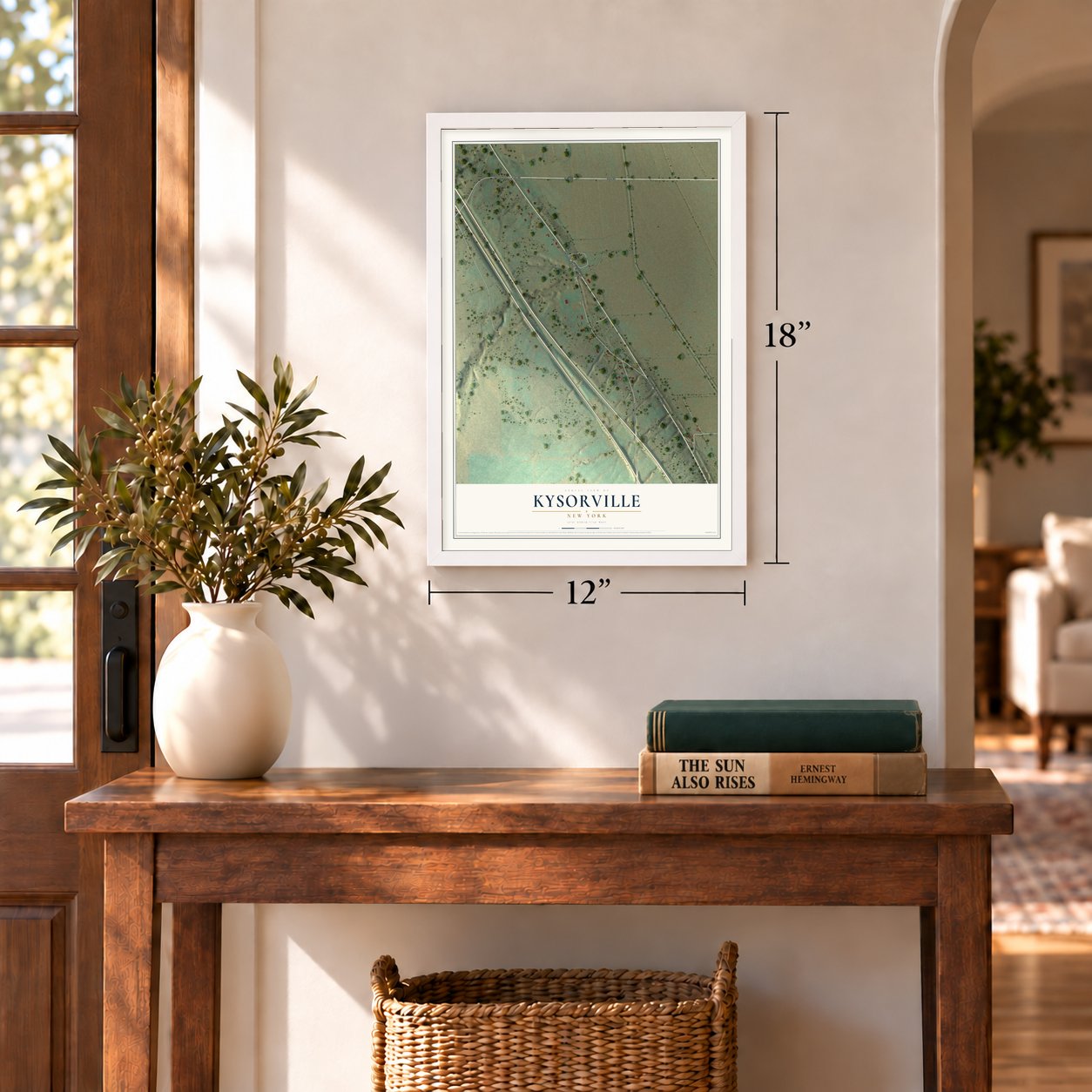 Kysorville, New York map, 12 x 18 inch print in a white frame in an entryway