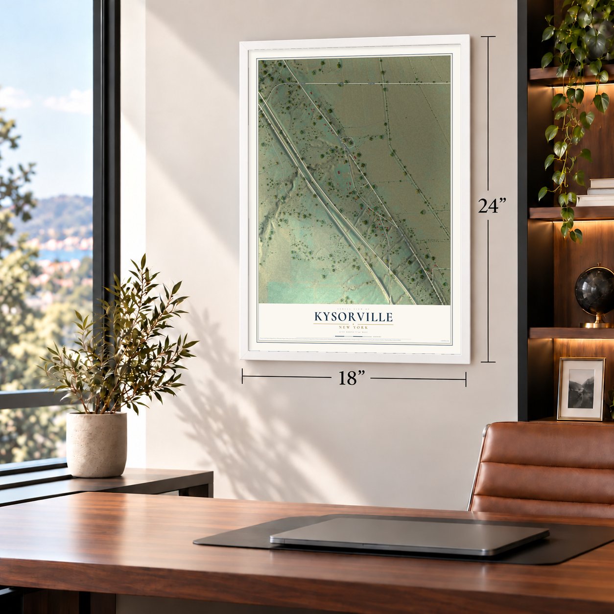 Kysorville, New York map, 18 x 24 inch print in a white frame in a home office