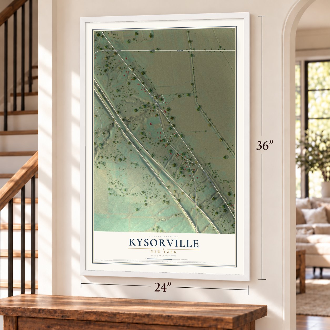 Kysorville, New York map, 24 x 36 inch print in a white frame by a staircase