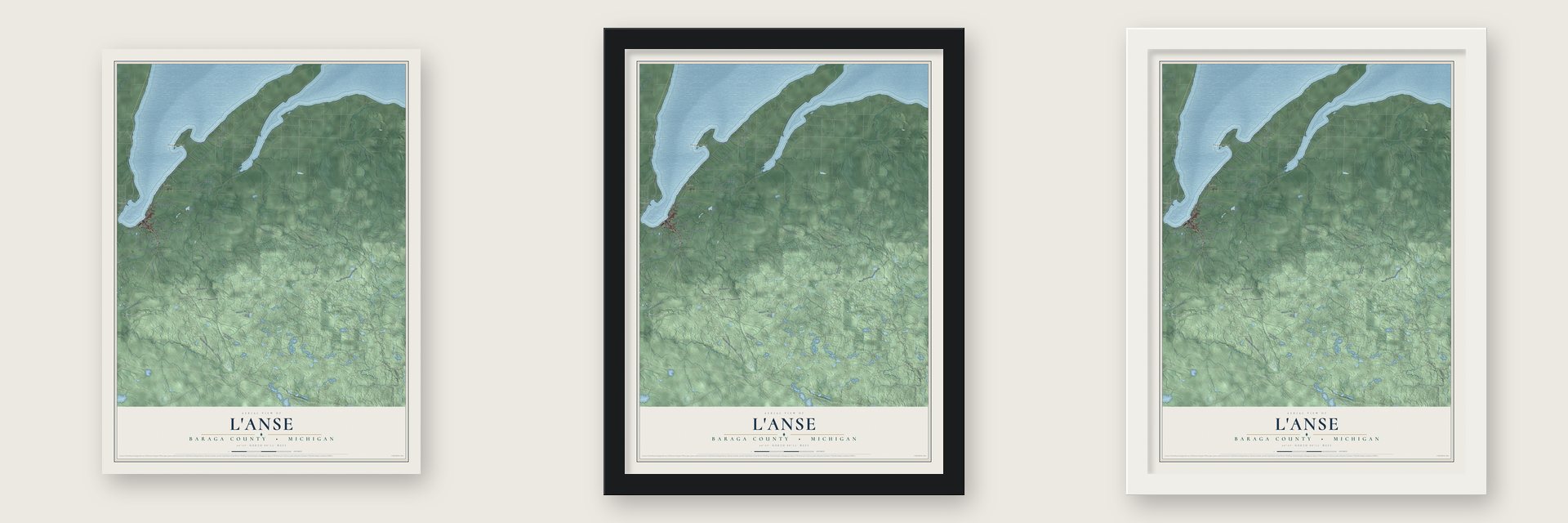 L'Anse, Baraga County, Michigan map unframed, in a black wood frame and in a white wood frame
