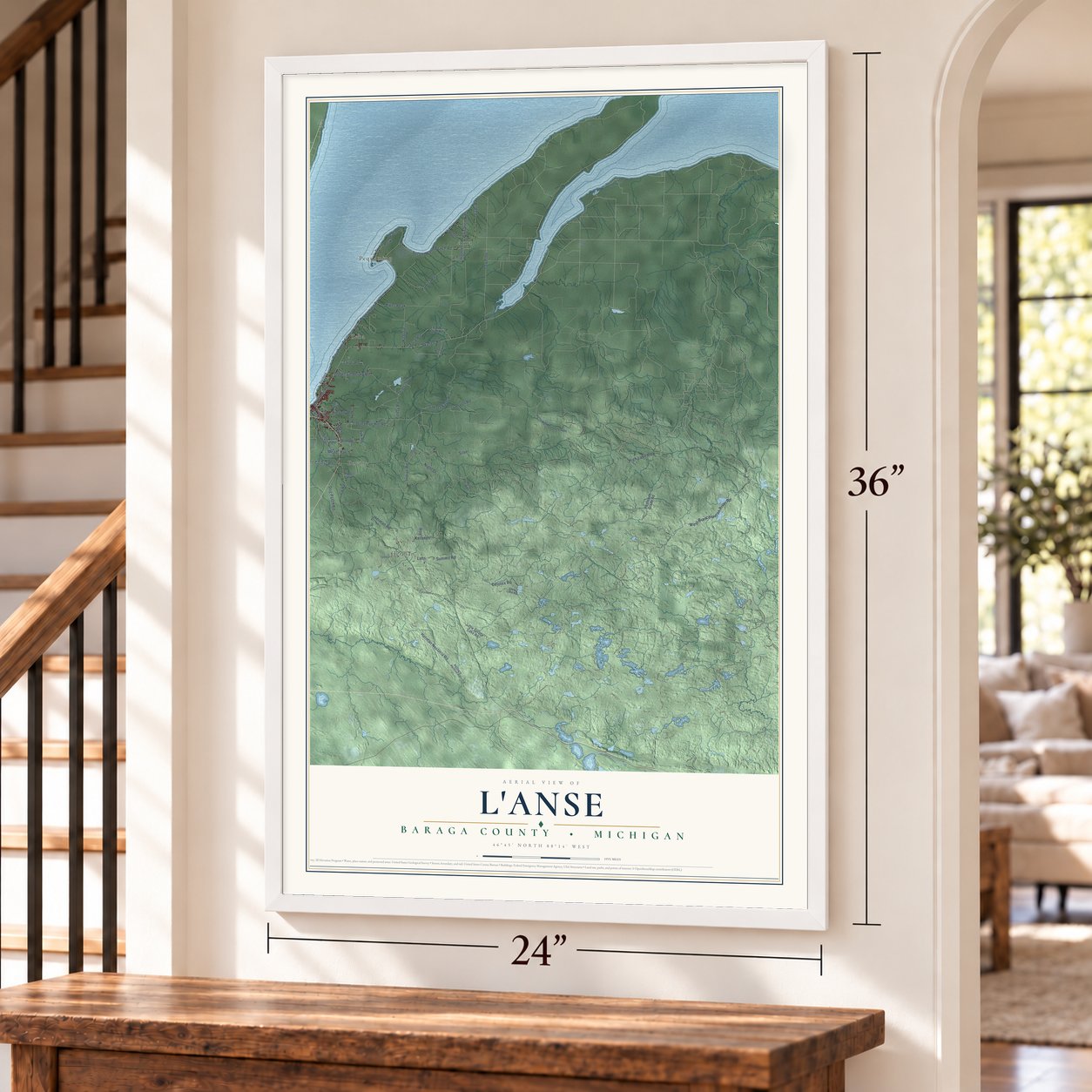 L'Anse, Baraga County, Michigan map, 24 x 36 inch print in a white frame by a staircase