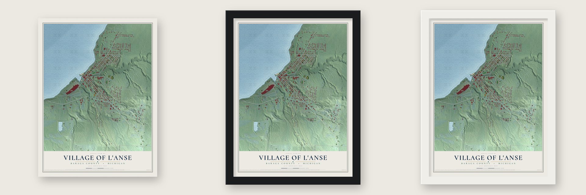 L'Anse, Michigan map unframed, in a black wood frame and in a white wood frame