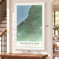 L'Anse, Michigan map, 24 x 36 inch print in a white frame by a staircase