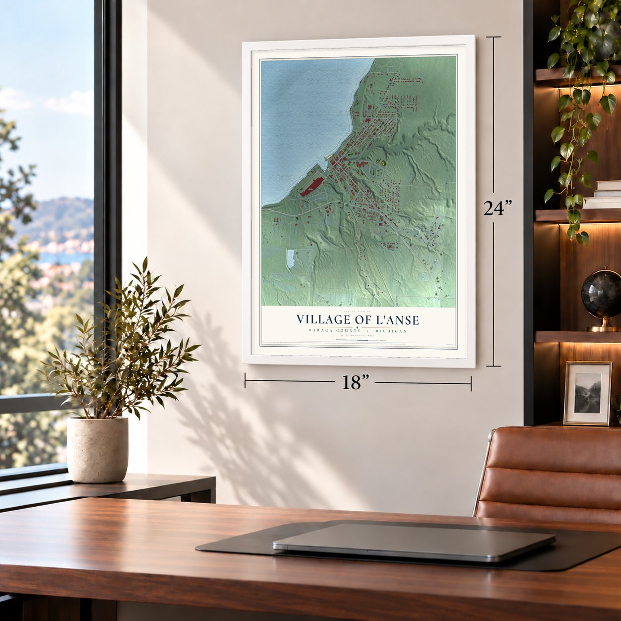 L'Anse, Michigan map, 18 x 24 inch print in a white frame in a home office