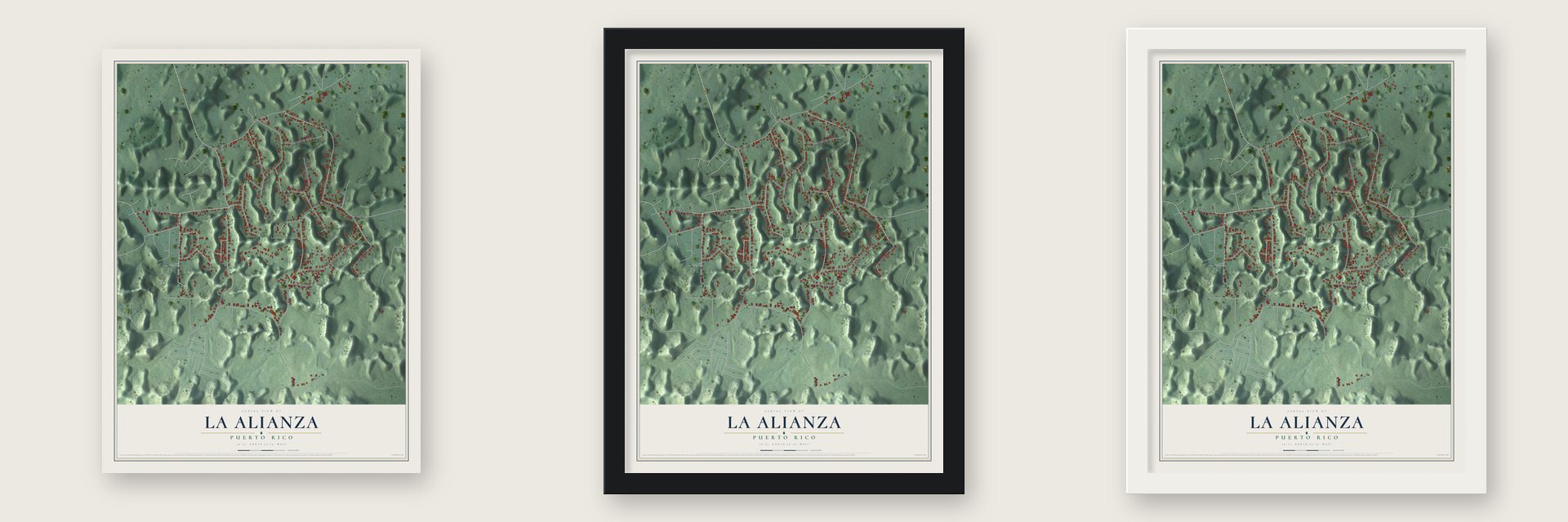 La Alianza, Puerto Rico map unframed, in a black wood frame and in a white wood frame
