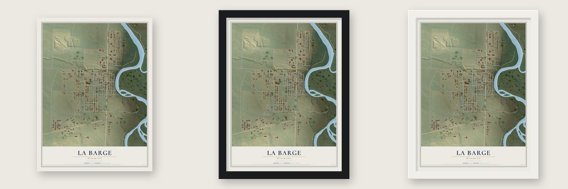 La Barge, Wyoming map unframed, in a black wood frame and in a white wood frame