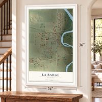 La Barge, Wyoming map, 24 x 36 inch print in a white frame by a staircase
