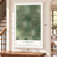 La Blanca, Texas map, 24 x 36 inch print in a white frame by a staircase