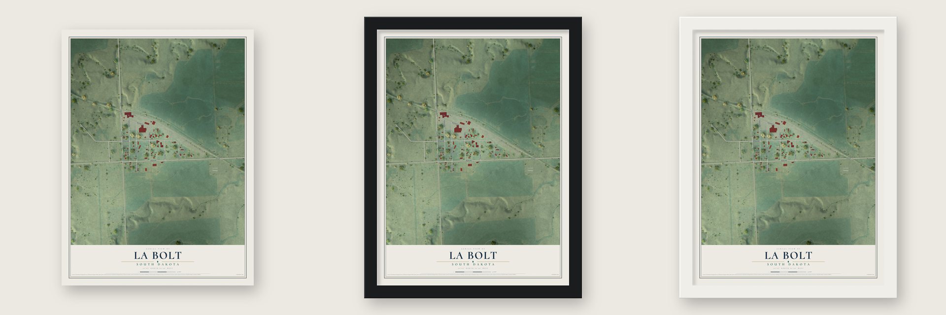 La Bolt, South Dakota map unframed, in a black wood frame and in a white wood frame