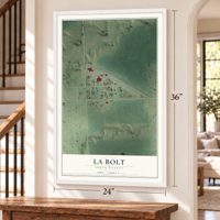 La Bolt, South Dakota map, 24 x 36 inch print in a white frame by a staircase