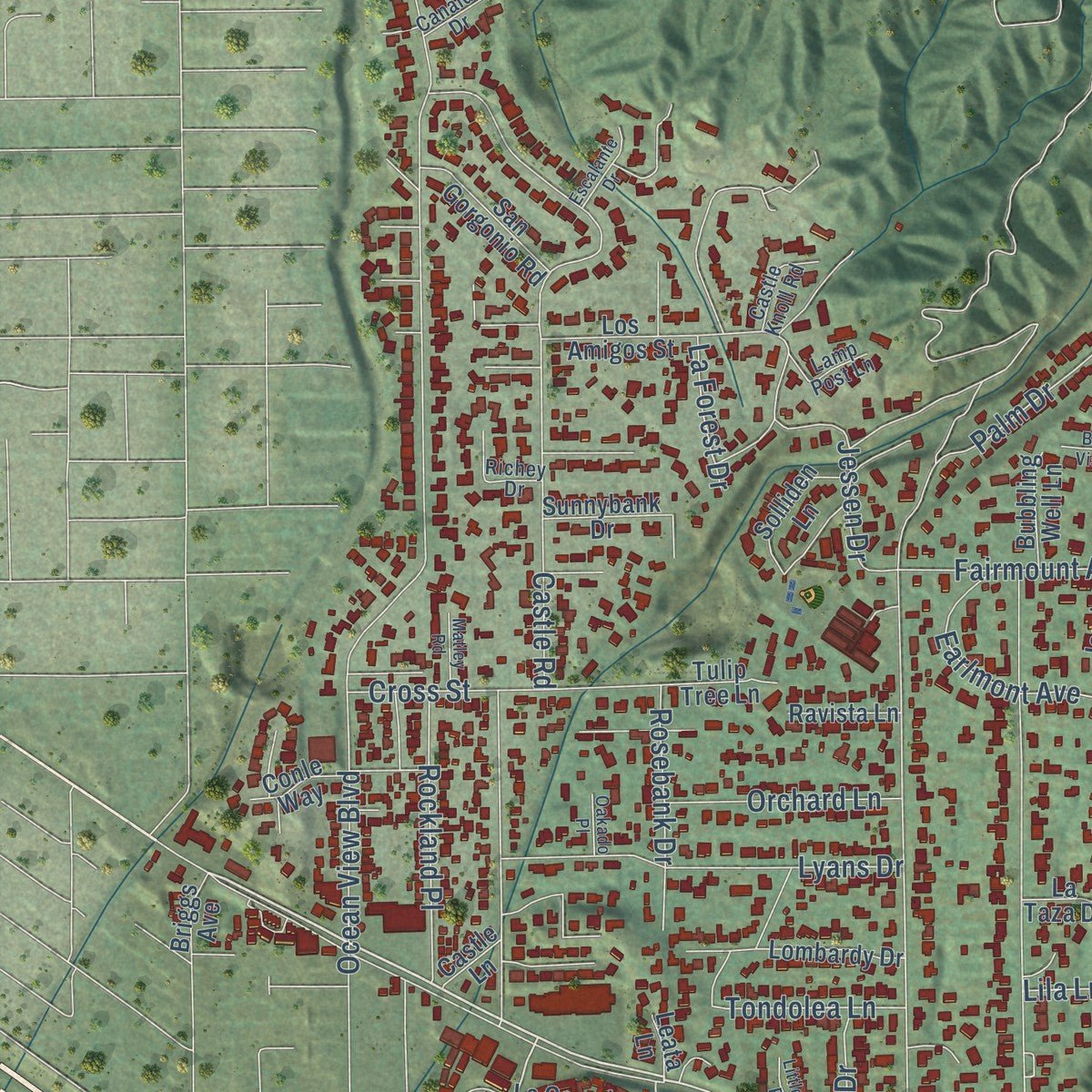 Second close-up of the map of La Cañada Flintridge, California print showing more streets and buildings