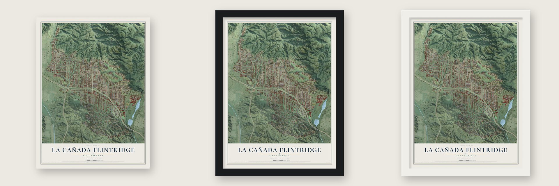 La Cañada Flintridge, California map unframed, in a black wood frame and in a white wood frame